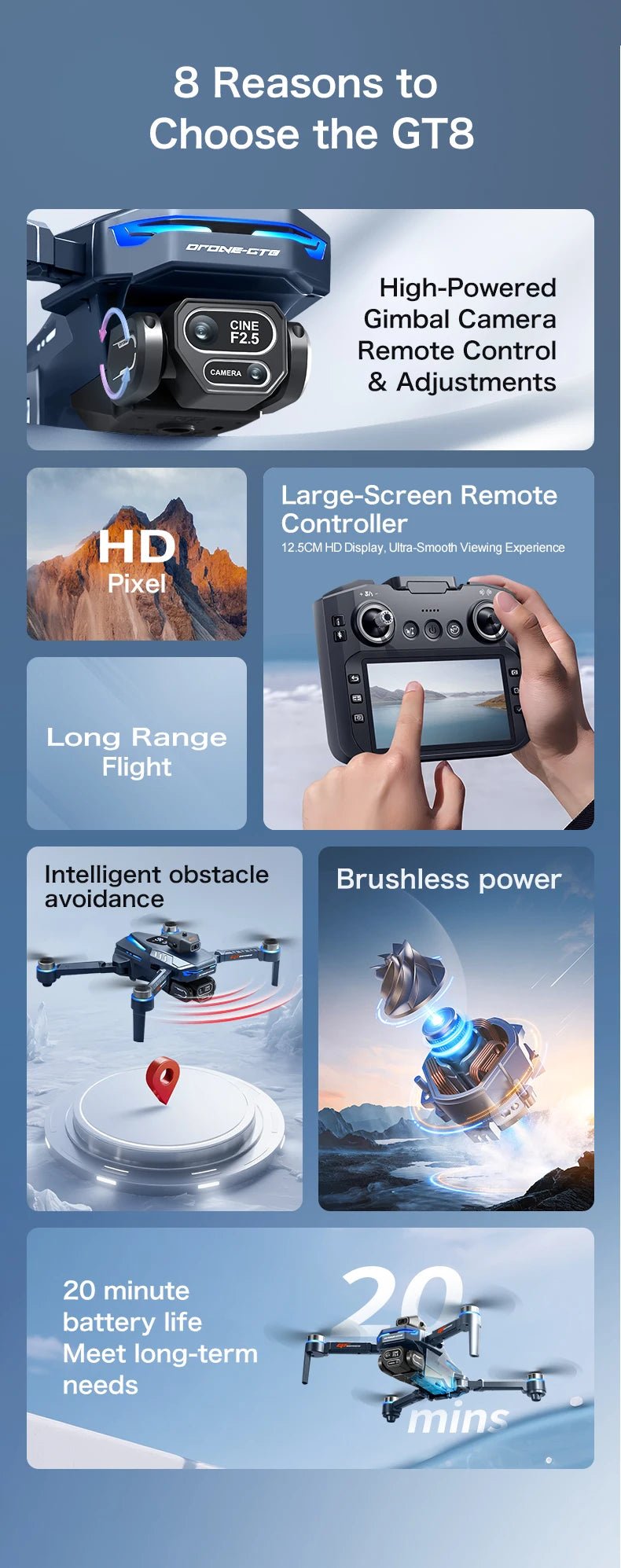 2025 Nouveaux drones GT8 FPV GPS 8K professionnels HD 360 ° Double caméra 5G WIFI moteurs sans balais évitement d'obstacles quadrirotor pliable