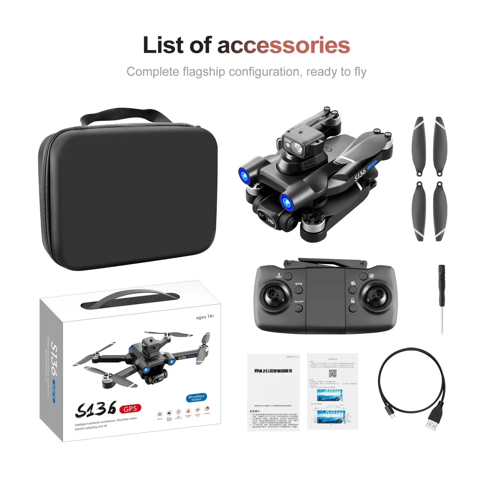 S136 Max GPS Rc Drone 4K HD Dual Camera Professional Photography Obstacle Avoidance Brushless Helicopter Foldable QuadcopterDrone avec caméraDimensionnel Dimensionnel