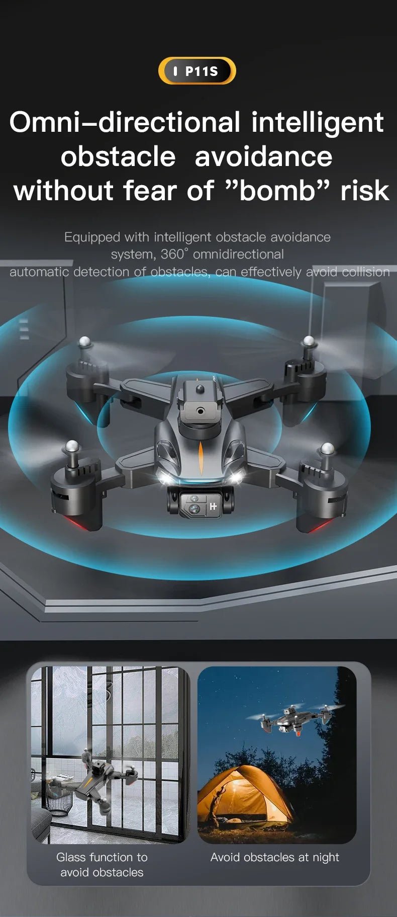 Lenovo - Drone P11S 8K Professionnel, Photographie Aérienne Haute Définition, Caméra pour Touristes, Quadrirotor Omnidirectionnel, Évitement d'ObstaclesDrone avec caméraDimensionnel Dimensionnel