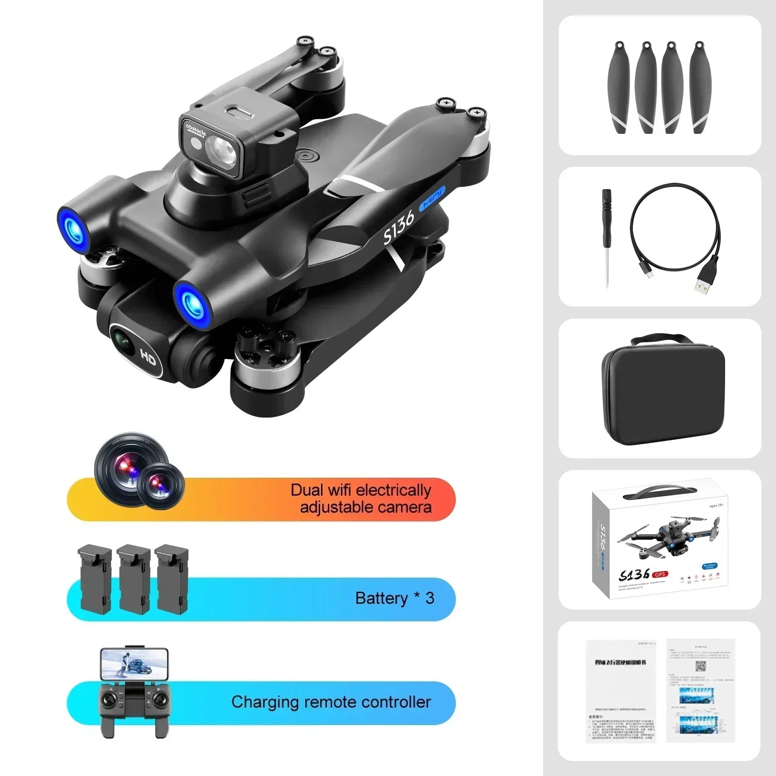 S136 Max GPS Rc Drone 4K HD Dual Camera Professional Photography Obstacle Avoidance Brushless Helicopter Foldable QuadcopterDrone avec caméraDimensionnel Dimensionnel49308685467995