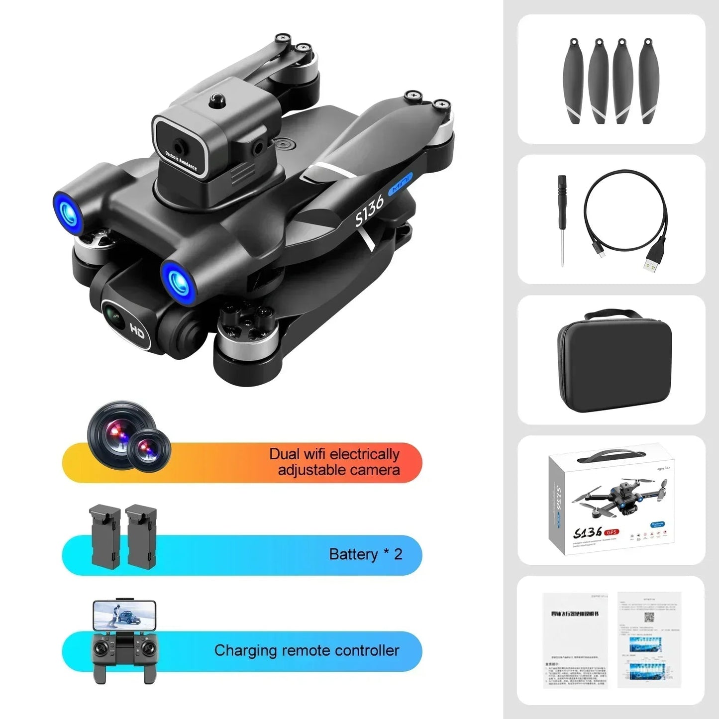 S136 Max GPS Rc Drone 4K HD Dual Camera Professional Photography Obstacle Avoidance Brushless Helicopter Foldable QuadcopterDrone avec caméraDimensionnel Dimensionnel49308685336923