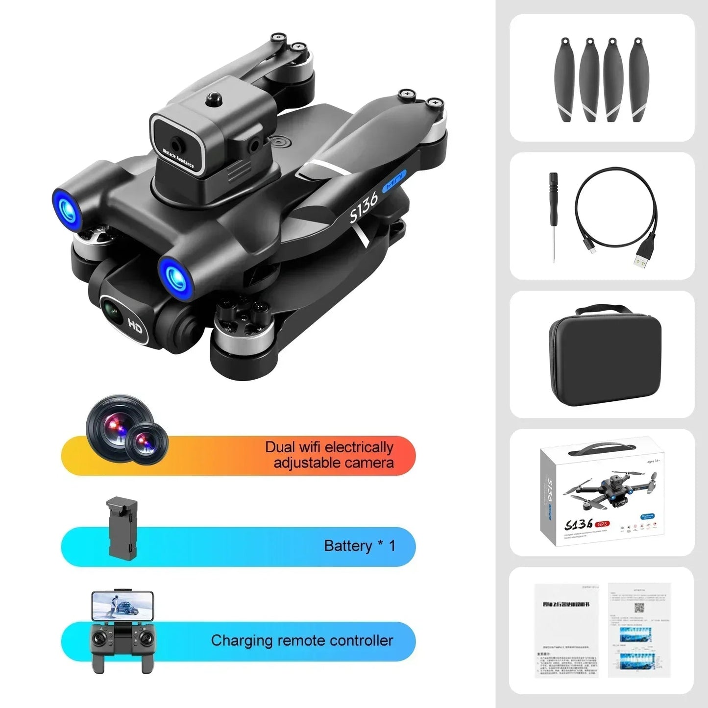 S136 Max GPS Rc Drone 4K HD Dual Camera Professional Photography Obstacle Avoidance Brushless Helicopter Foldable QuadcopterDrone avec caméraDimensionnel Dimensionnel49308685435227